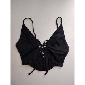 Urban Outfitters Black Ribbed Lace Up Front Crop Top Smocked Back Small